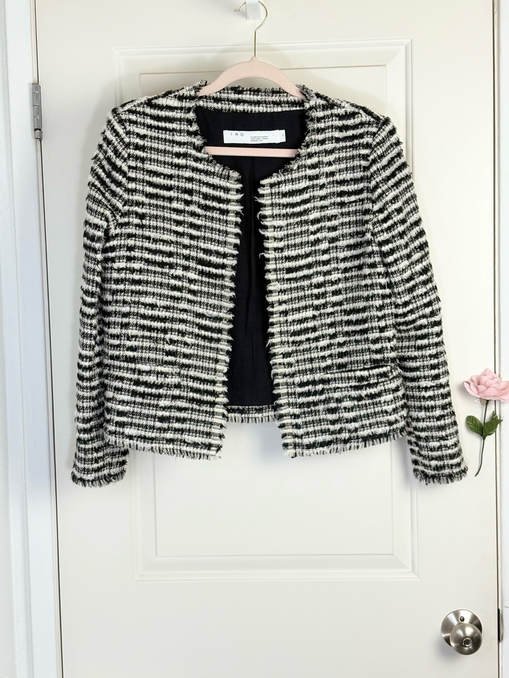 IRO Emotion Black & White Striped Open Front Tweed Jacket Sz 40/US Sz 8